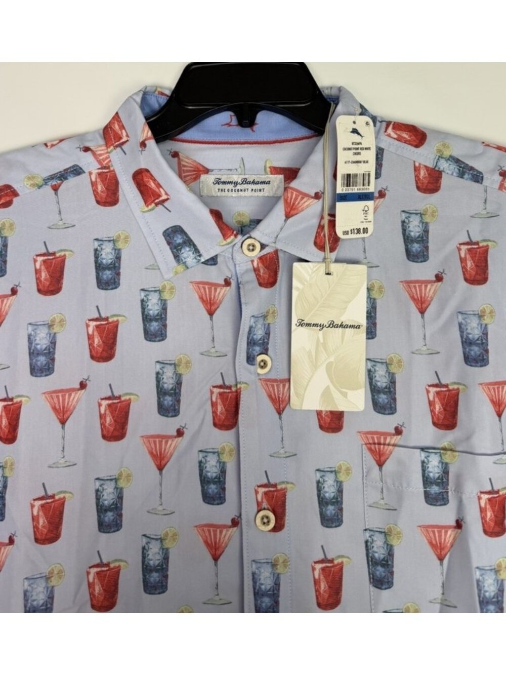 TOMMY BAHAMA Men’s XL TALL Coconut Point Red White Cheers Camp Shirt NEW $138
